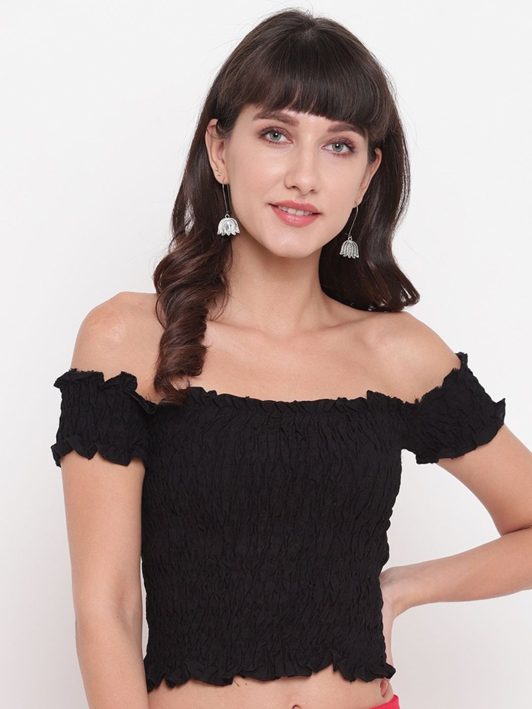 

Aawari Women Black Crop Top With Belt Long Length Plain Palazzo Set