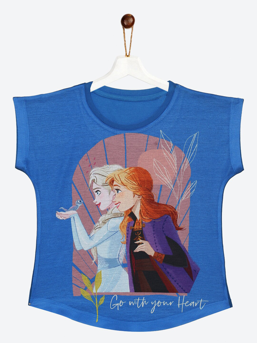 

YK Disney Girls Blue Frozen Elsa & Anna Print Short Sleeves Cotton Top