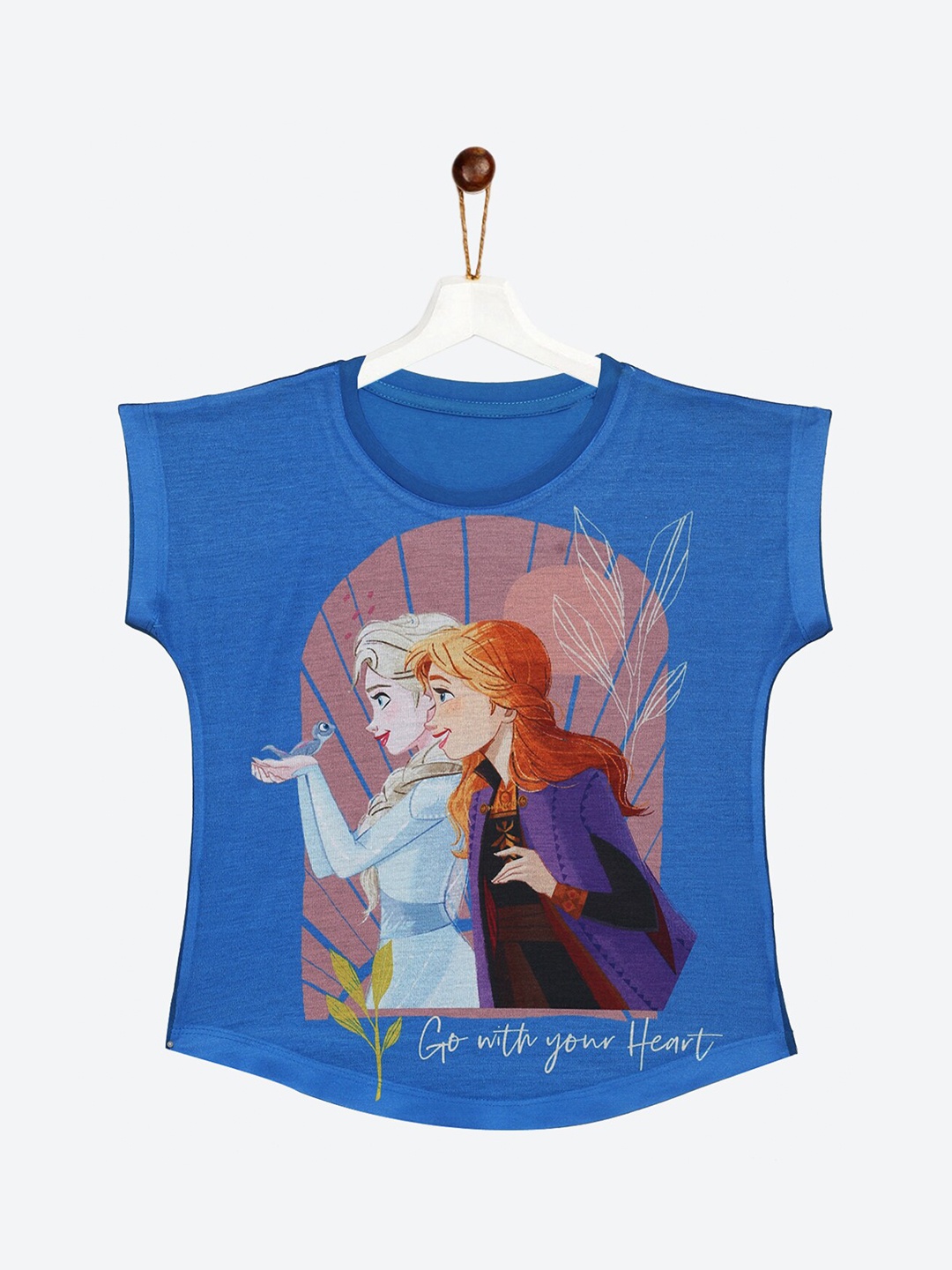

YK Disney Girls Blue Frozen Elsa & Anna Print Short Sleeves Cotton Top