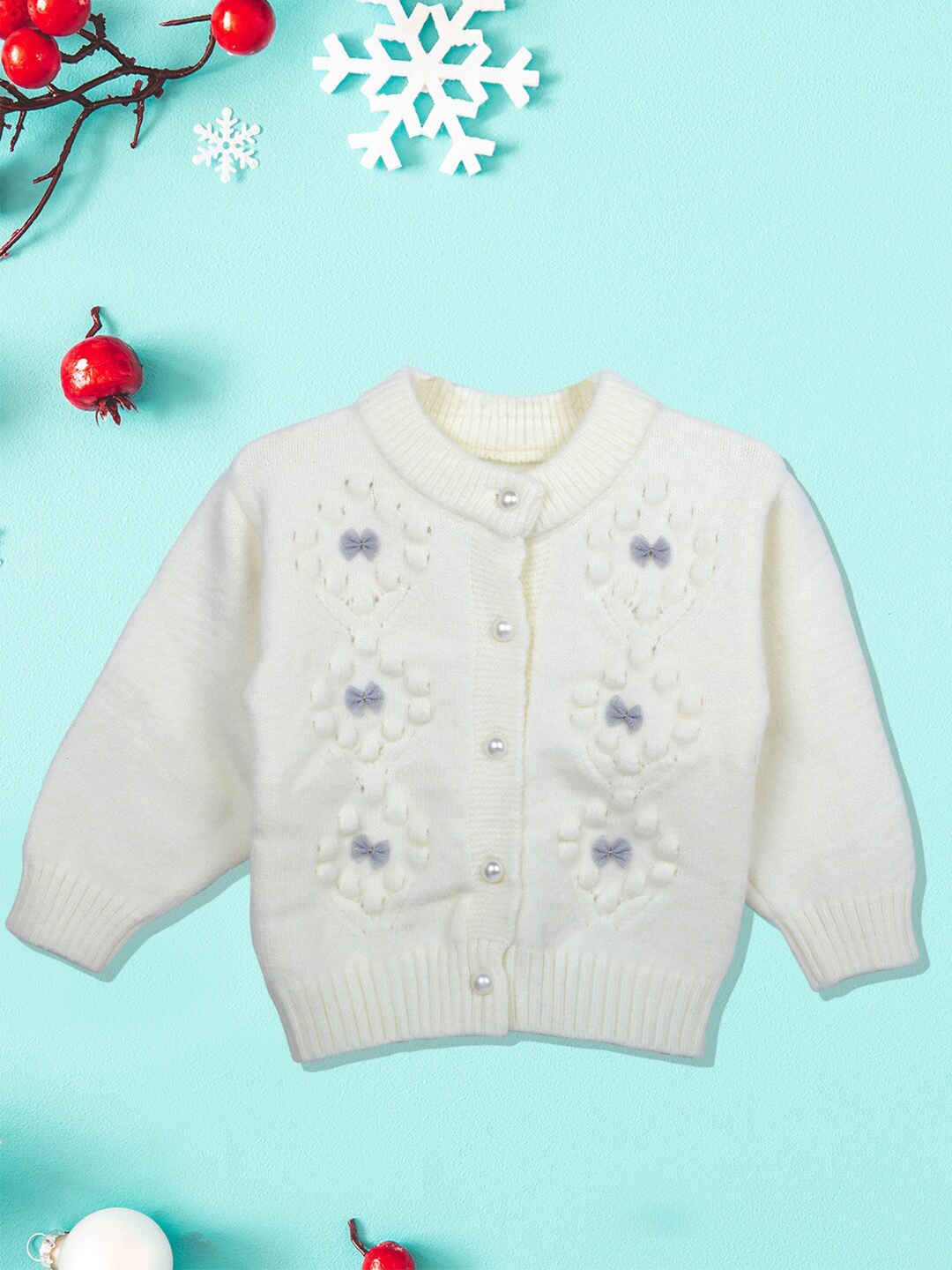 

Baby Moo Kids Off White Floral Cardigan with Applique Detail