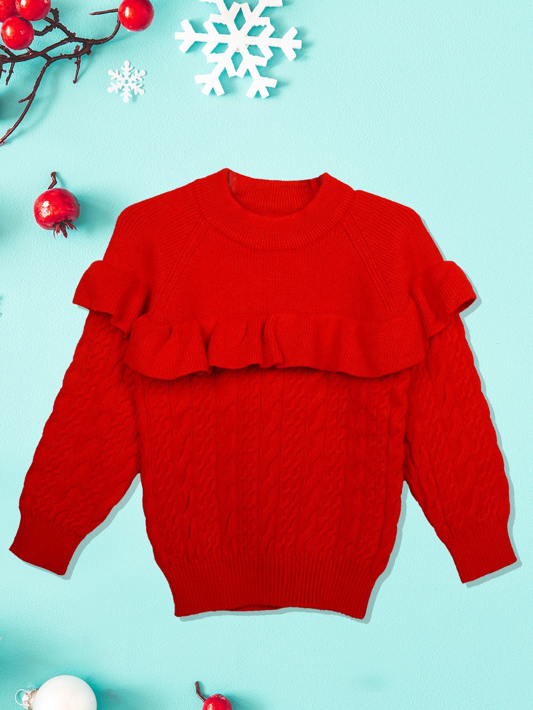 

Baby Moo Girls Red Ruffled Jumper Solid Premium Full Sleeves Braided Knit Sweater