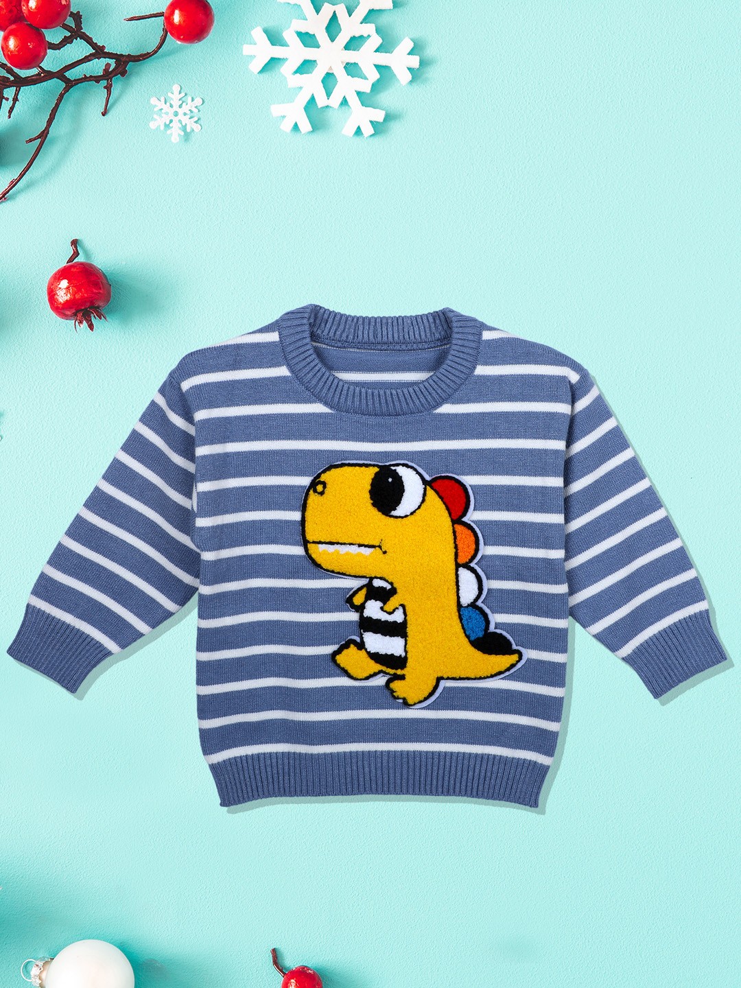 

Baby Moo Unisex Kids Blue & White Dinosaur Printed Pullover Sweater