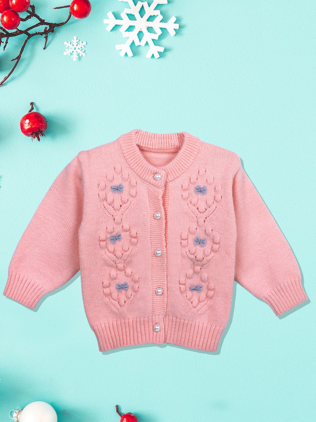 

Baby Moo Kids Pink Elegant Bow And Pearl Buttons Full Sleeves Knitted Sweater