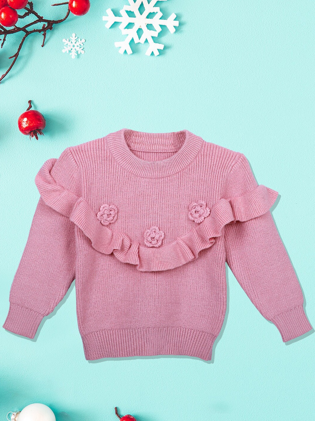 

Baby Moo Girls Pink Flowers And Frills Premium Full Sleeves Knitted Ribbed Sweater