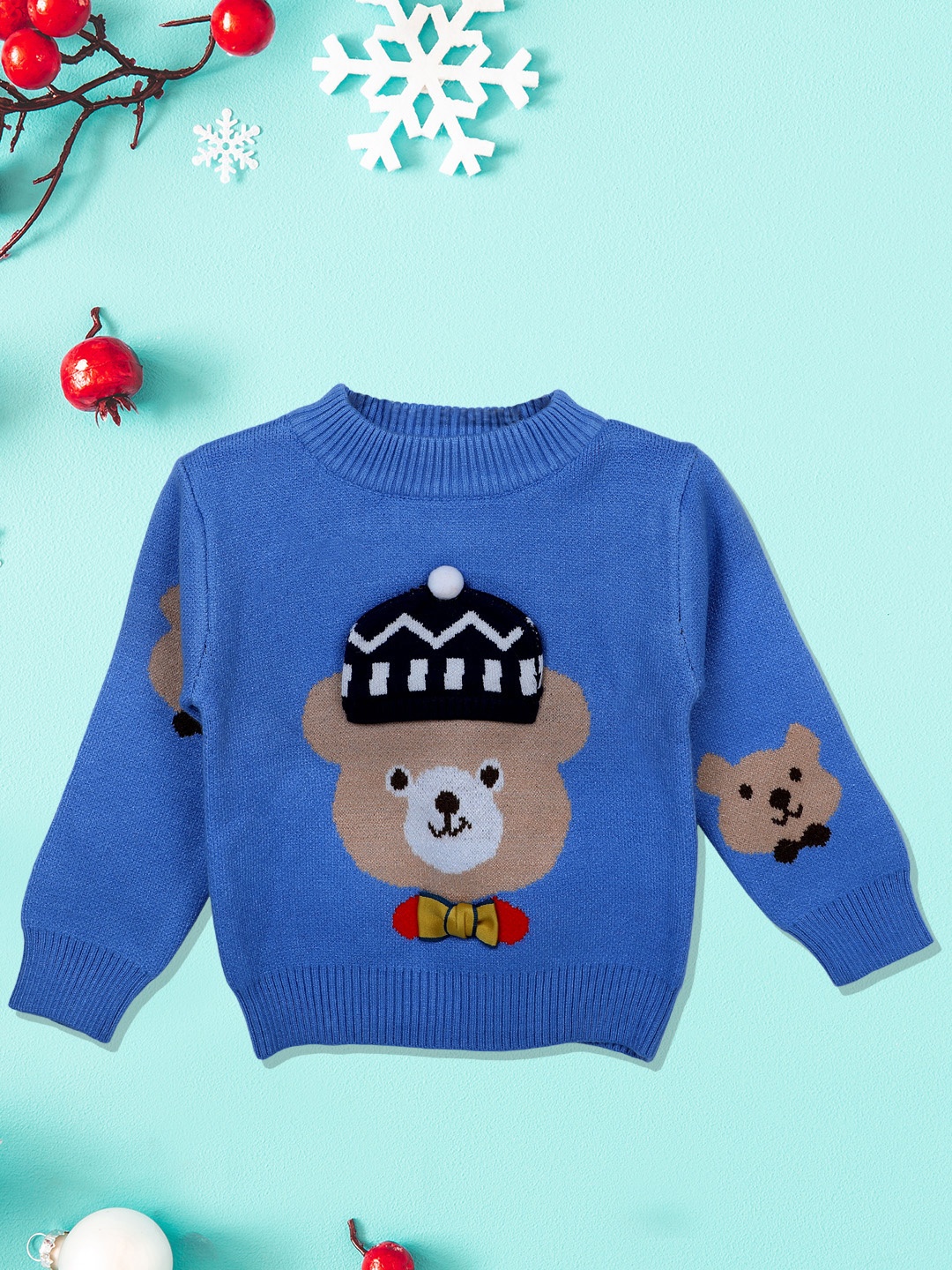 

Baby Moo Unisex Kids Blue & Black Mr. Bear Premium Full Sleeves Knitted Sweater Pullover