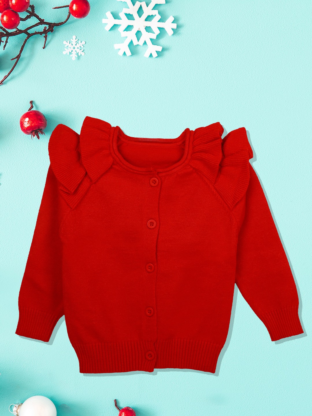 

Baby Moo Girls Red Charming Frilly Full Sleeves Knitted Cardigan