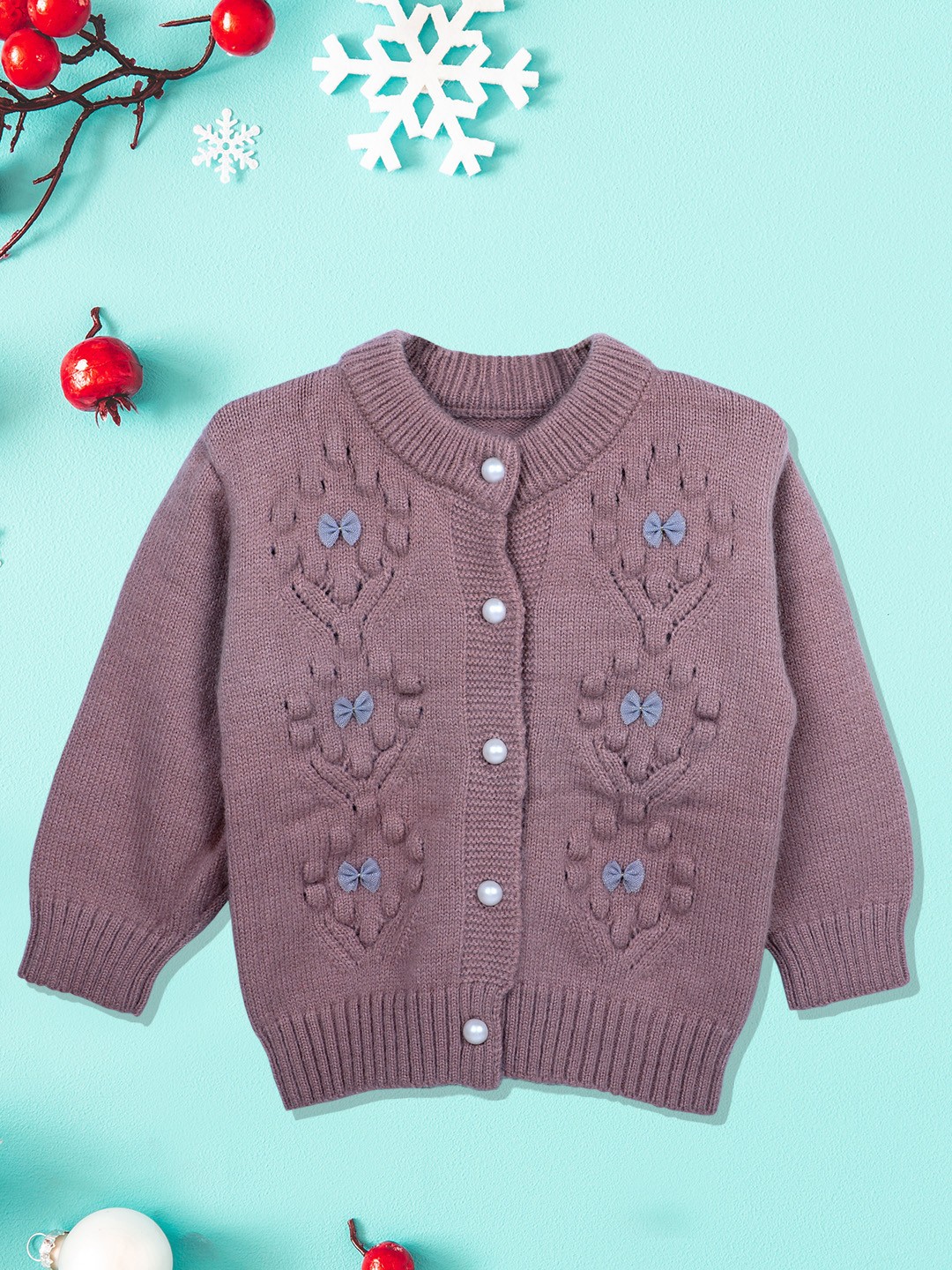 

Baby Moo Unisex Kids Mauve Cable Knit Cardigan With Bow Detail