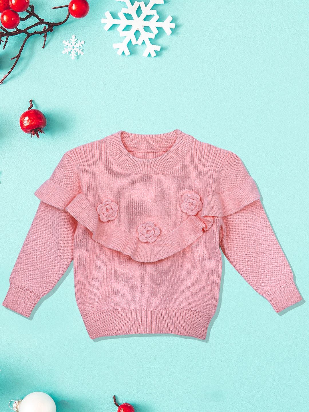 

Baby Moo Girls Peach Flowers And Frills Ribbed Premium Full Sleeves Knitted Pullover