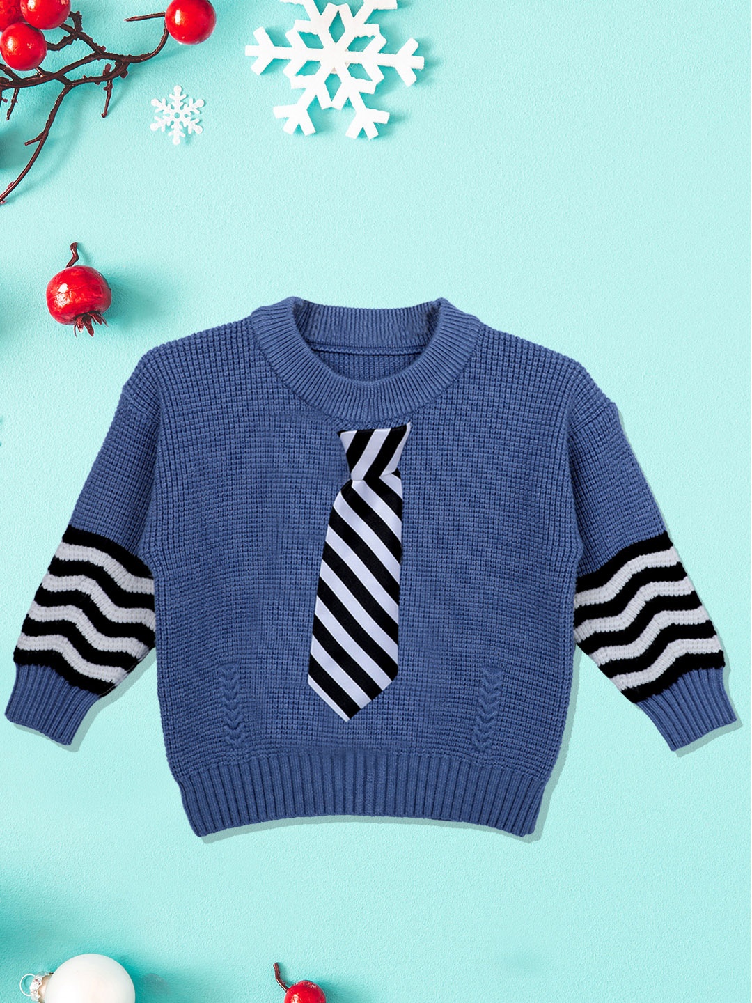 

Baby Moo Unisex Kids Blue & Black Ribbed Pullover Sweater With Tie