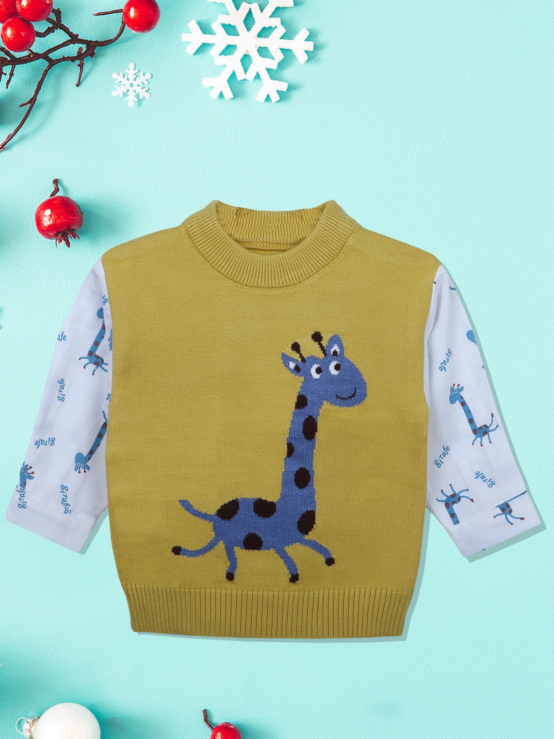 

Baby Moo Unisex Kids Mustard & Blue Cute Giraffe Self Design Full Sleeves Knitted Pullover