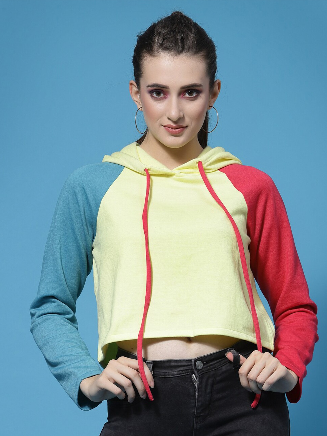 

Athena Women Colourblocked Hooded Sweatshirt, Yellow