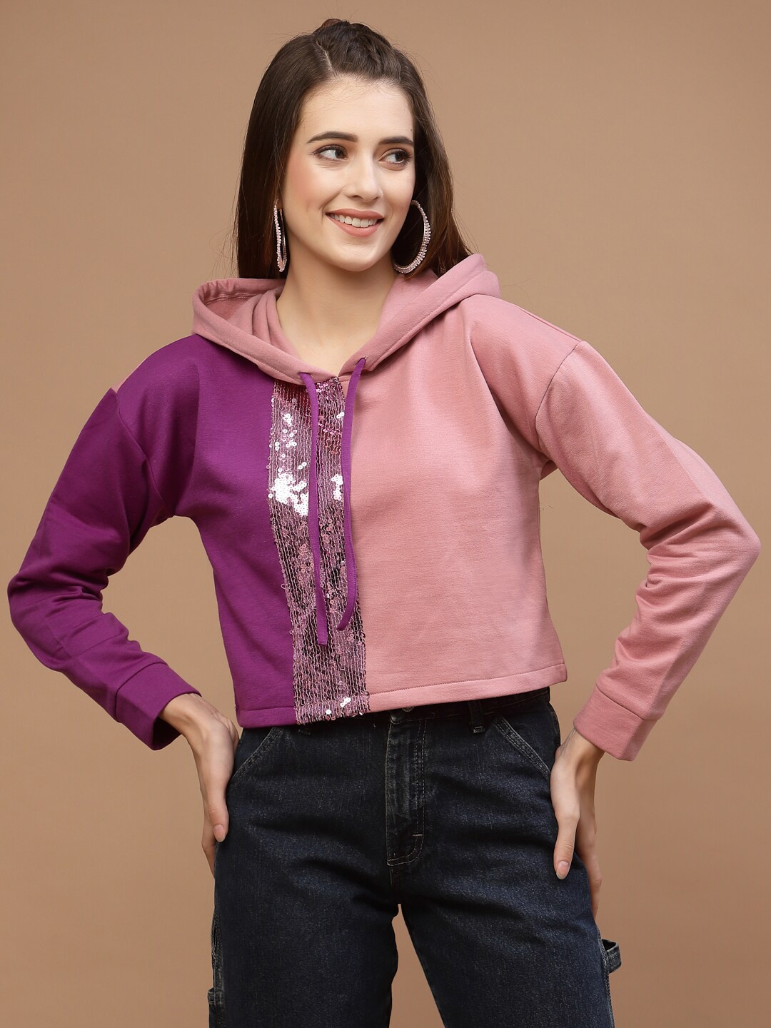 

Athena Women Colourblocked Sequined Hooded Sweatshirt, Purple