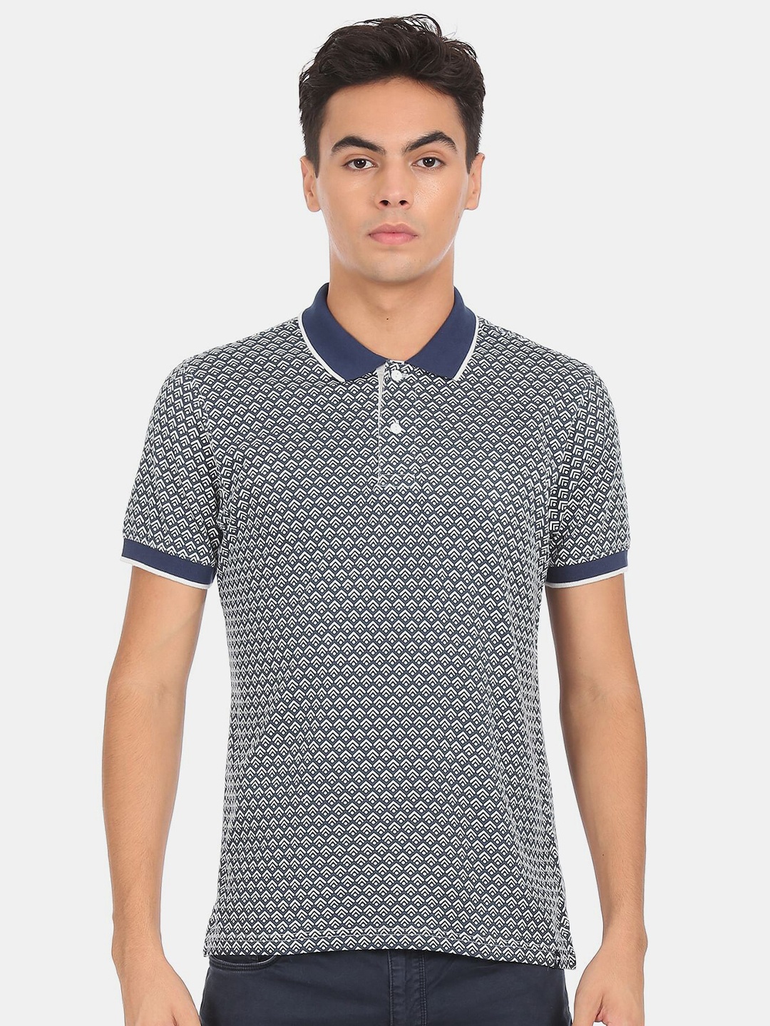 

Ruggers Men Blue Printed Polo Collar Cotton T-shirt