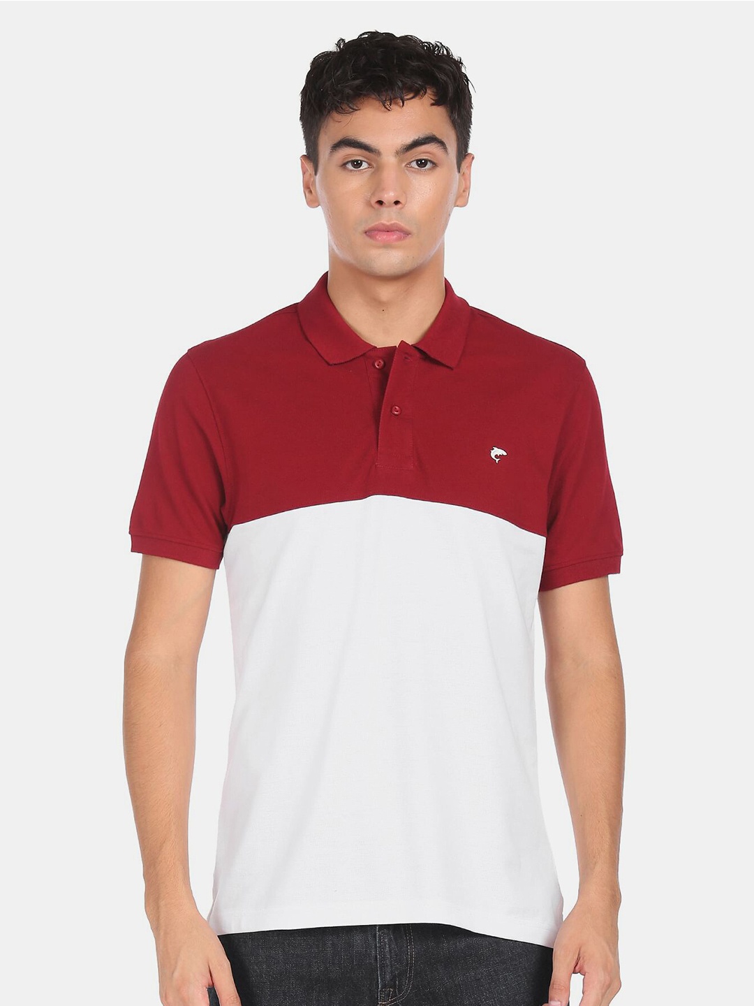 

Ruggers Men White & Maroon Colourblocked Polo Collar Cotton T-shirt