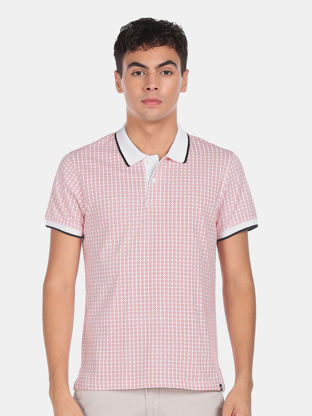 

Ruggers Men Pink & White Printed Polo Collar Cotton T-shirt