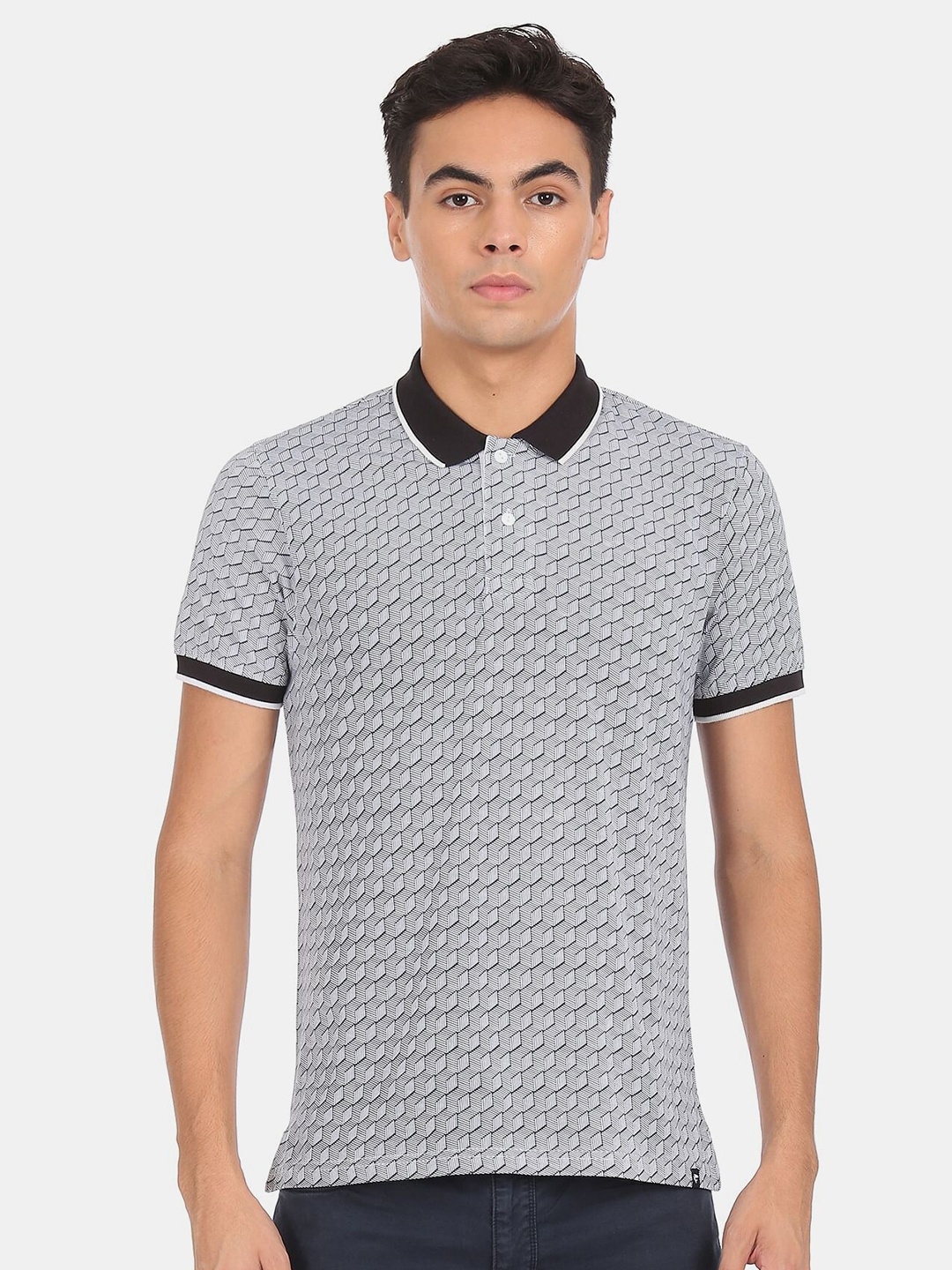 

Ruggers Men Black & White Printed Polo Collar Cotton T-shirt