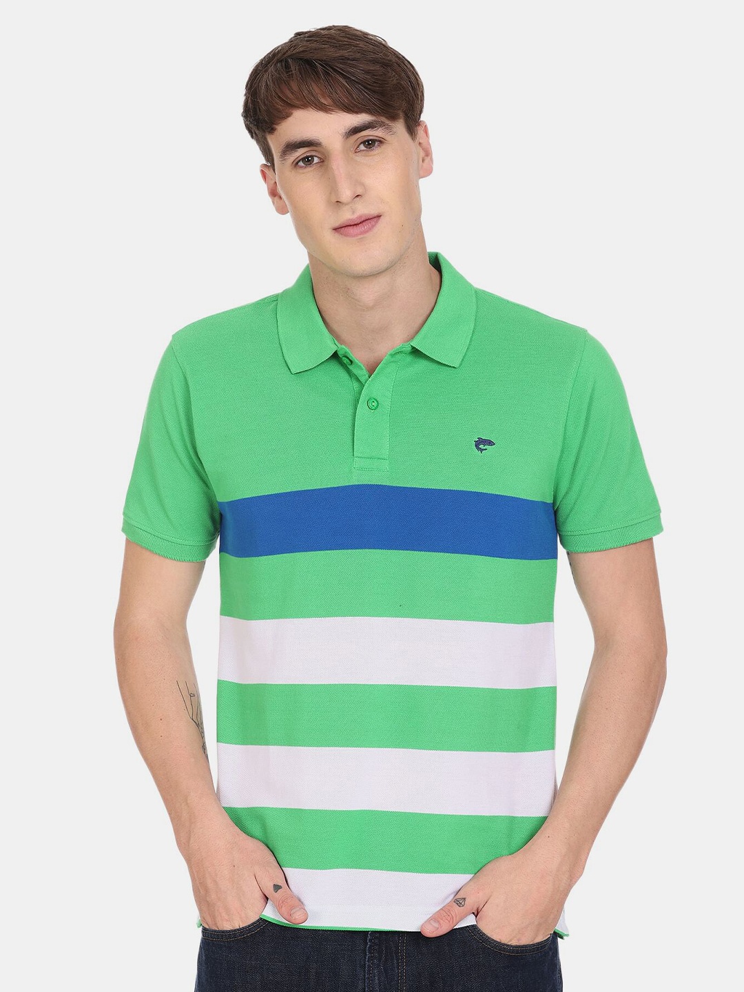 

Ruggers Men Green & Blue Striped Polo Collar Cotton T-shirt