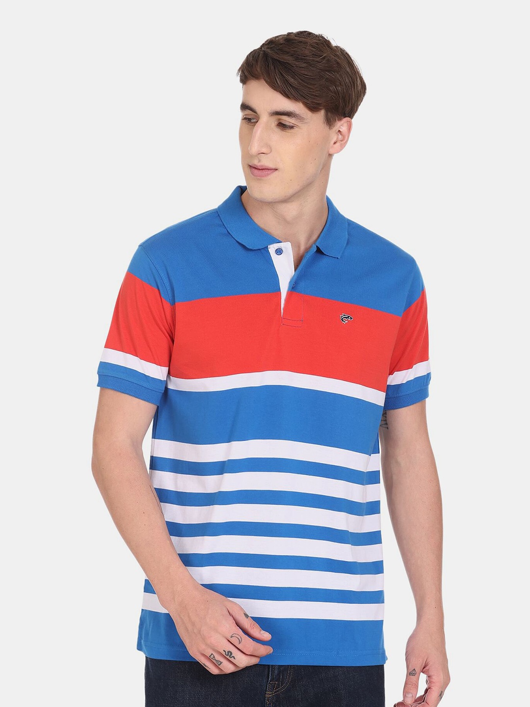 

Ruggers Men Blue & White Striped Polo Collar Cotton T-shirt