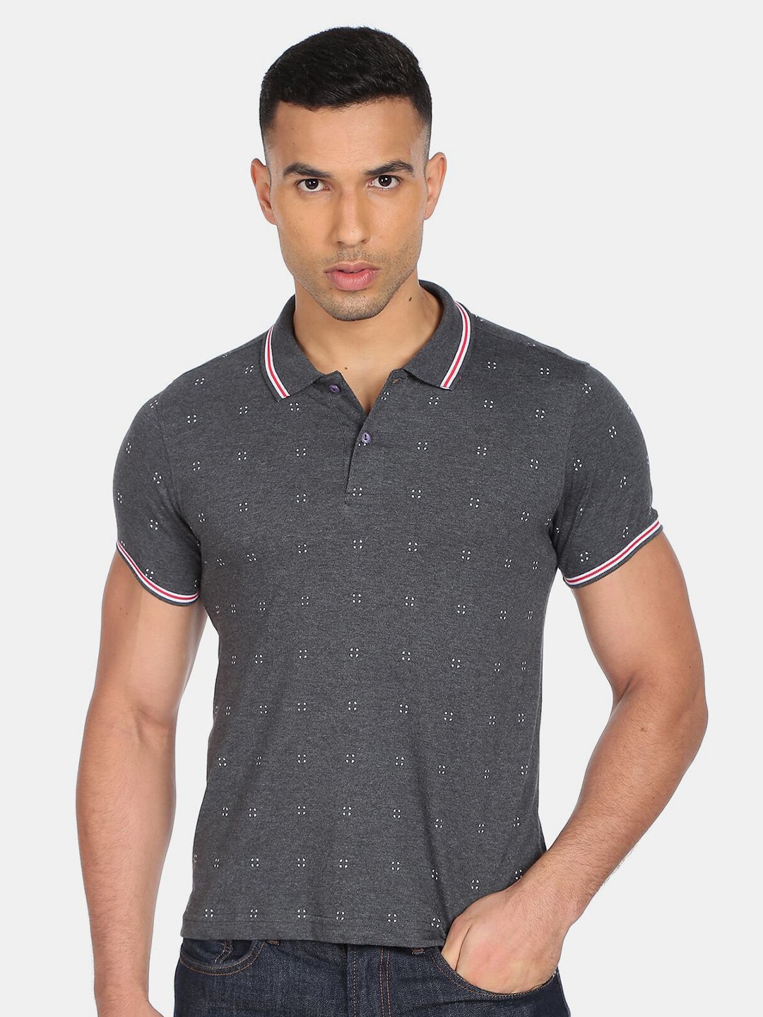 

Ruggers Men Charcoal Polo Collar Cotton T-shirt