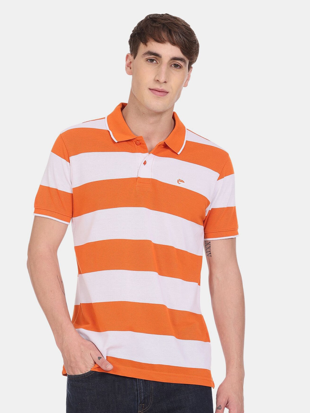 

Ruggers Men Orange Striped Polo Collar Cotton T-shirt