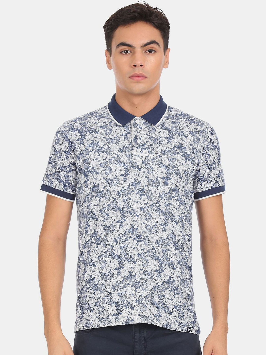 

Ruggers Men Blue Floral Printed Polo Collar Cotton T-shirt