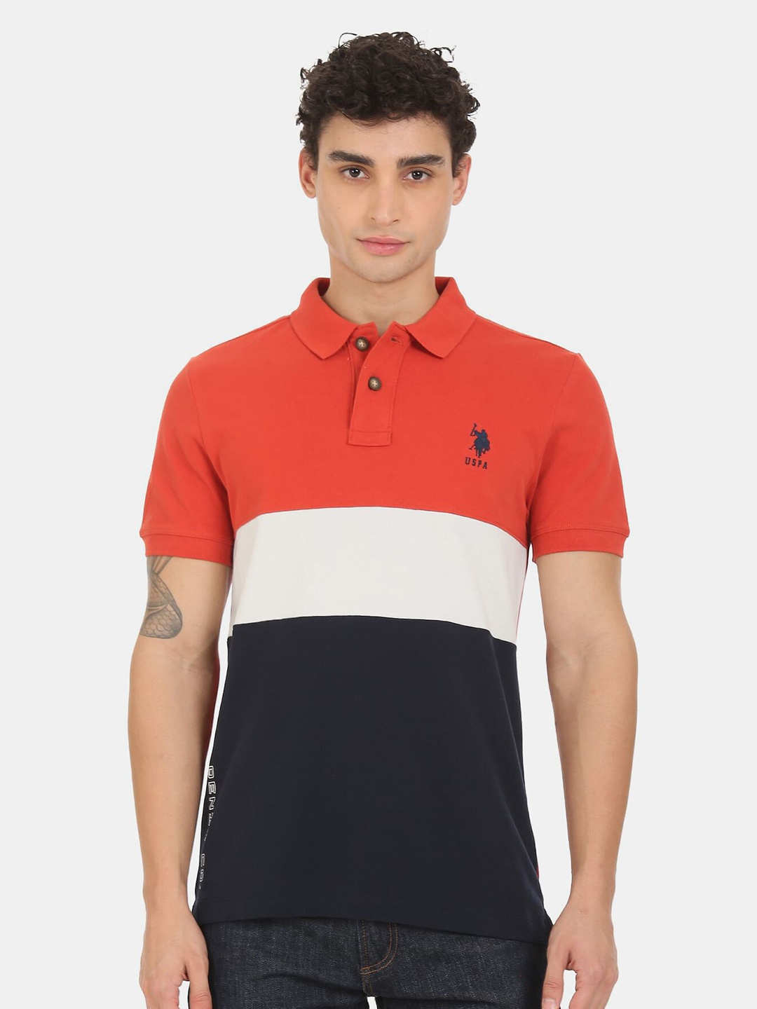 

U S Polo Assn Men Orange & White Colourblocked Polo Collar Cotton T-shirt