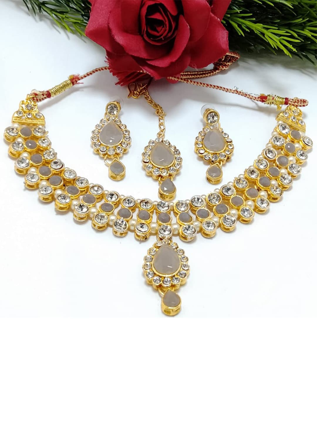 

MAD CLUB Gold-Plated White & Grey Stone-Studded Jewellery Set