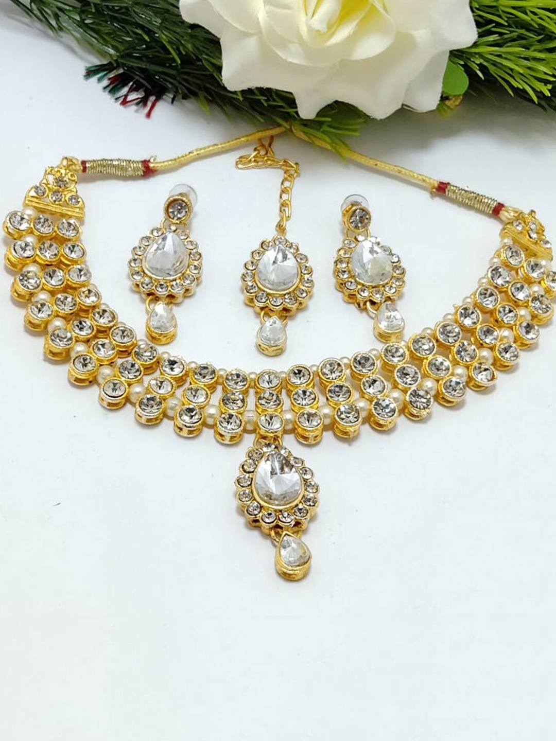 

MAD CLUB Women Gold-Plated White Crystal Studded Choker Jewellery Set