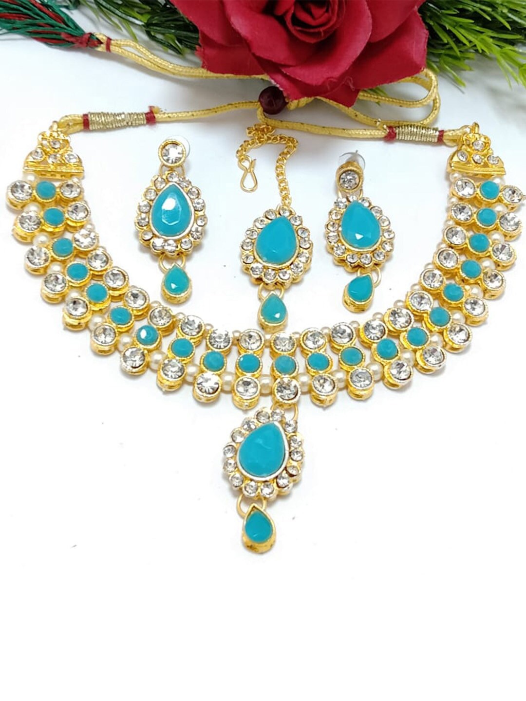 

MAD CLUB Gold-Plated Turquoise Blue & White Crystal Studded Jewellery Set