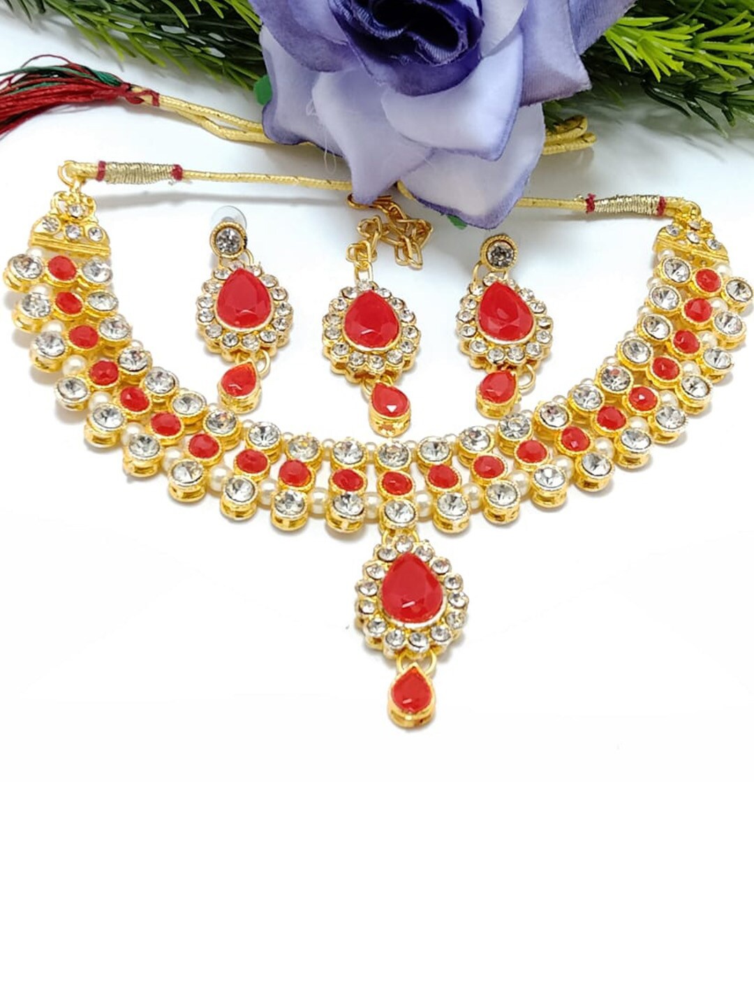 

MAD CLUB Gold-Plated Red & White Crystal Stone-Studded Jewellery Set