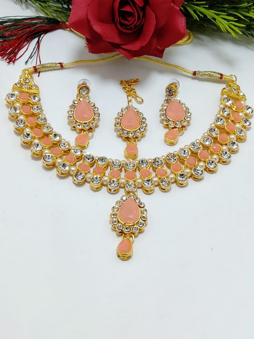 

MAD CLUB Gold-Plated Peach Stone-Studded Jewellery Set