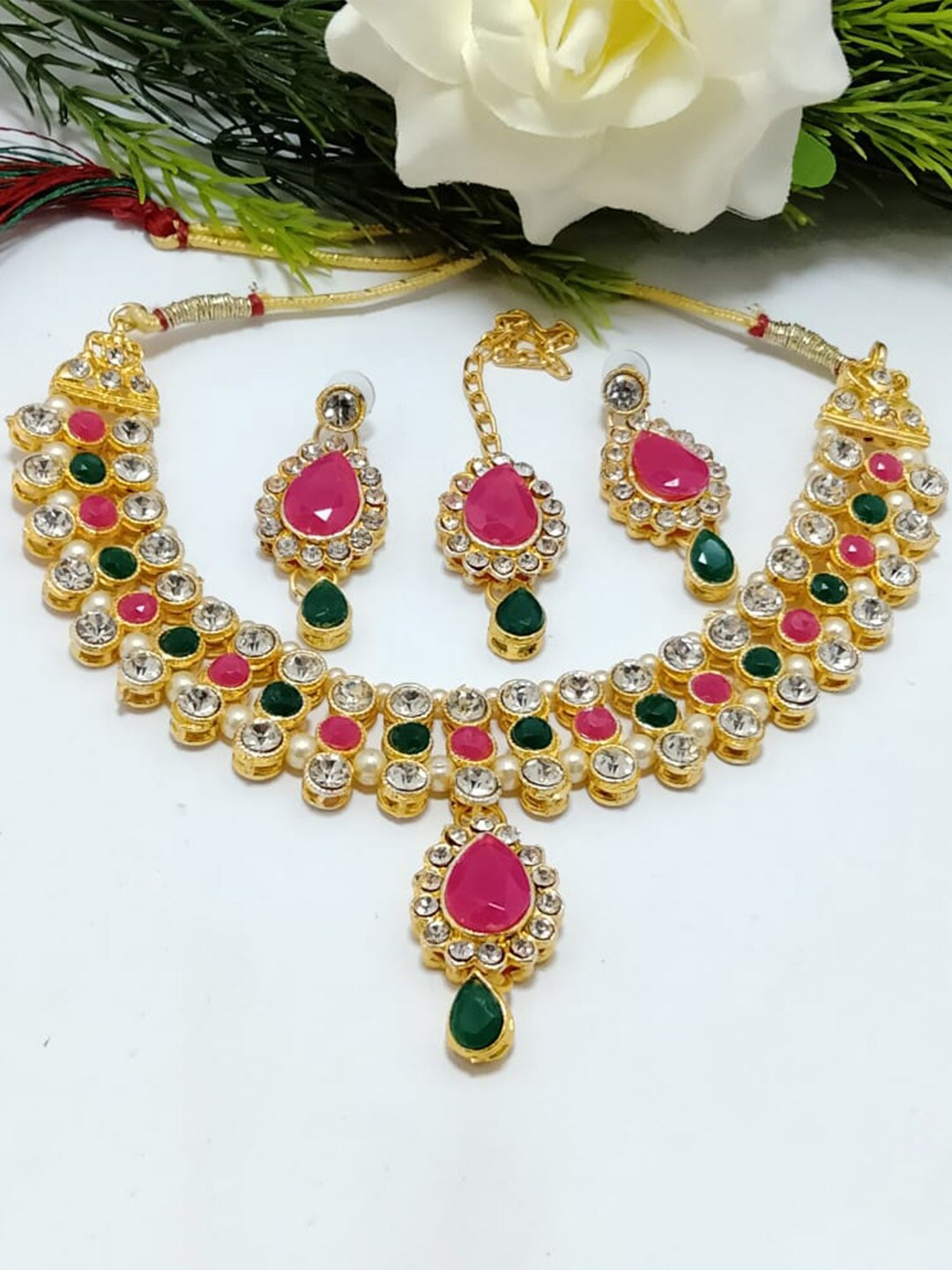 

MAD CLUB Gold-Plated Pink & Green Stone Studded Jewellery Set