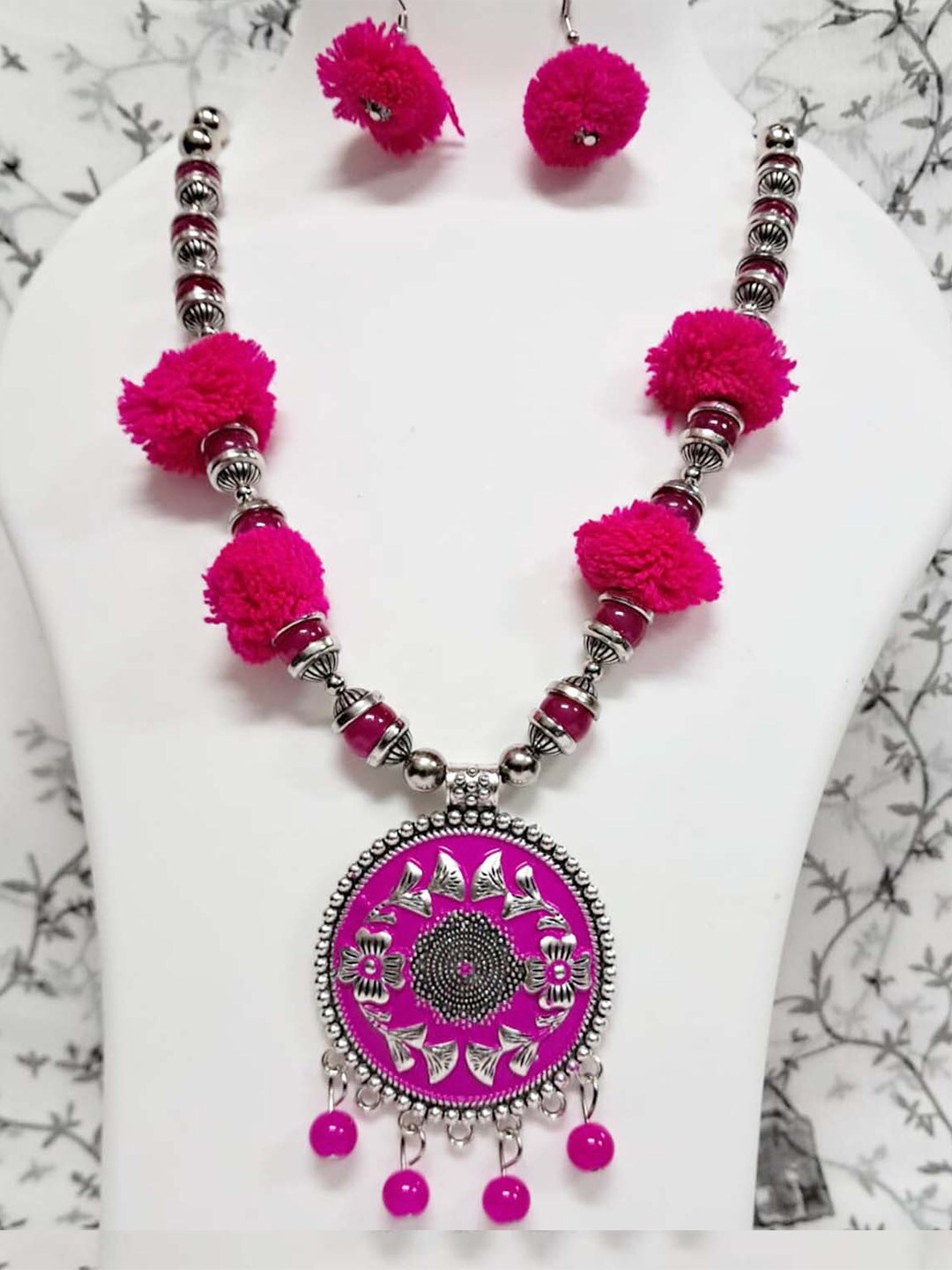 

MAD CLUB Silver-Plated Pink Stone-Studded & Beaded Jewellery Set