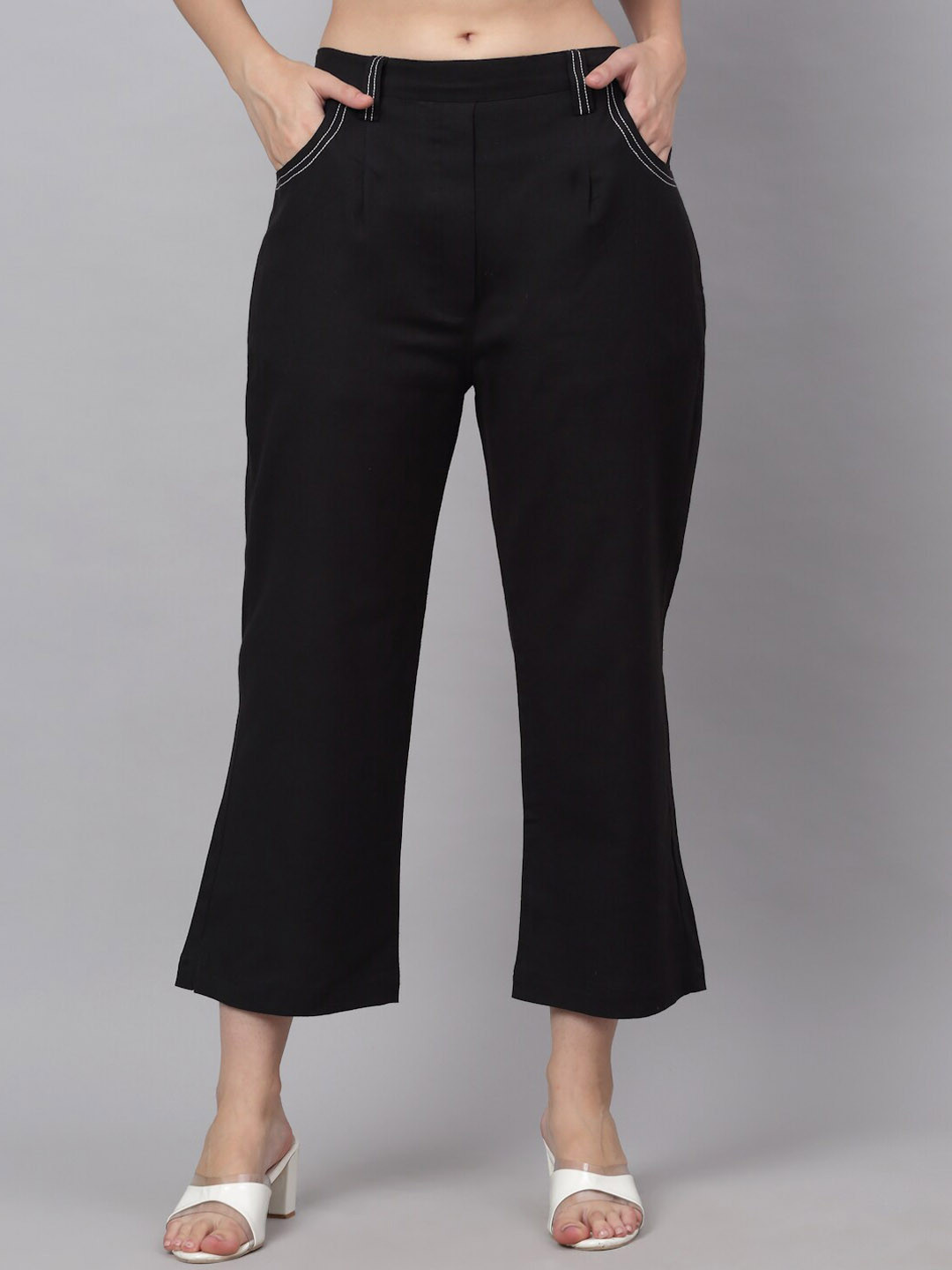 

NEUDIS Women Black Solid Pure Cotton Wide Leg Trousers