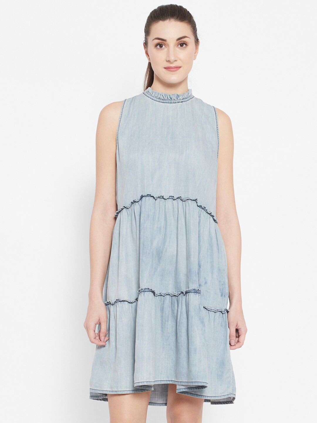 

I Love She Blue Denim Tiered A-Line Dress