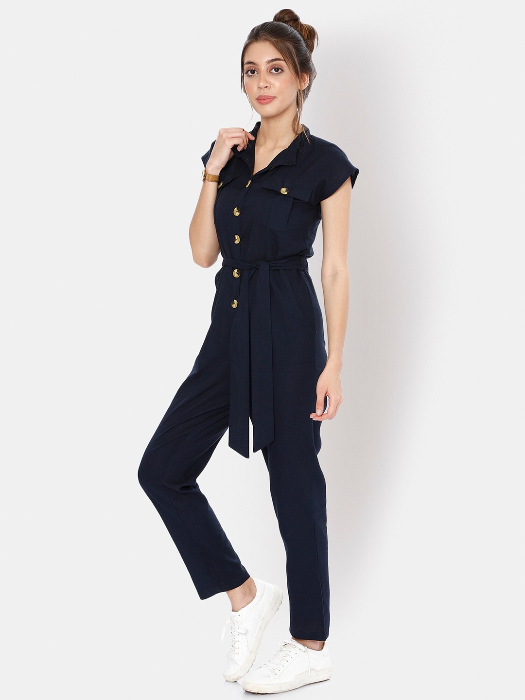 

I Love She Navy Blue Linen Basic Jumpsuit