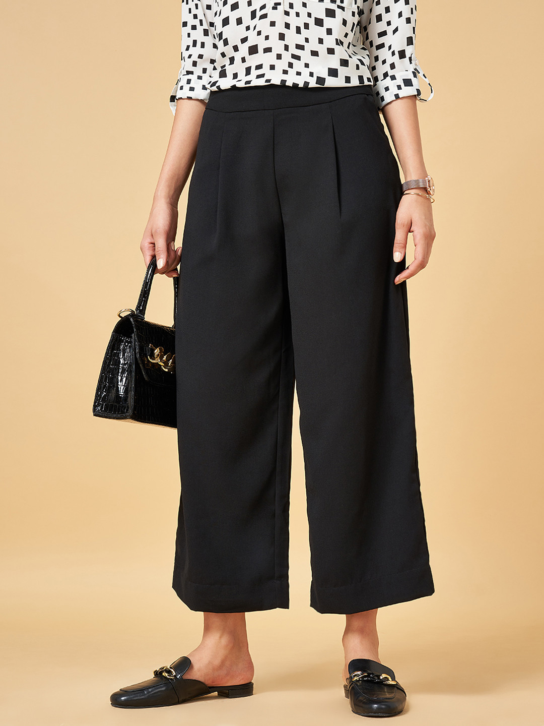 

Annabelle by Pantaloons Women Black High-Rise Pleated Culottes Trousers
