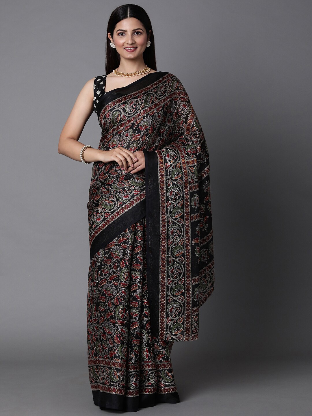 

Mitera Black & Brown Ethnic Motifs Jute Cotton Banarasi Saree with Matching Blouse
