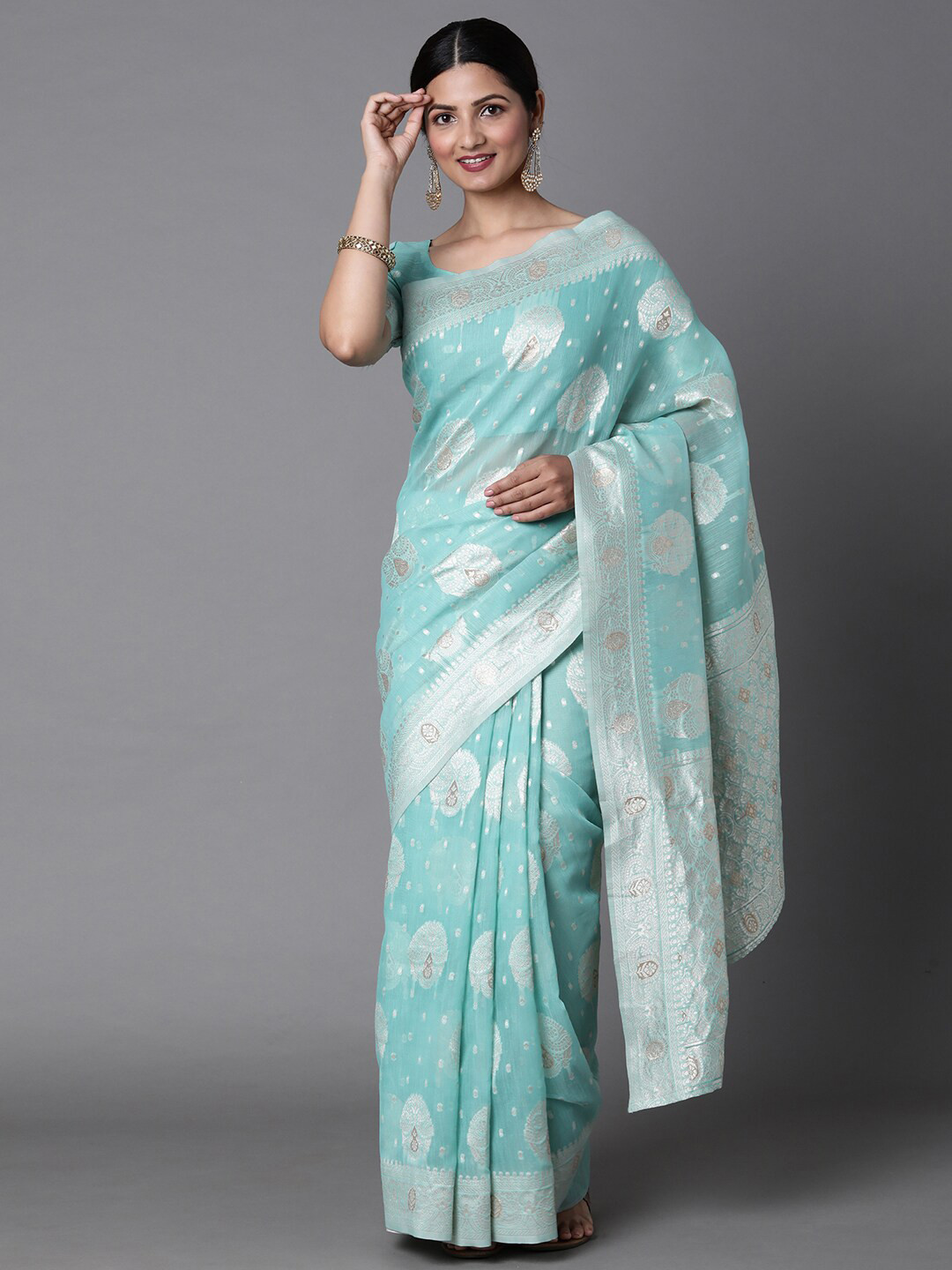 

Mitera Sea Green & Silver-Toned Zari Silk Cotton Banarasi Saree with Matching Blouse