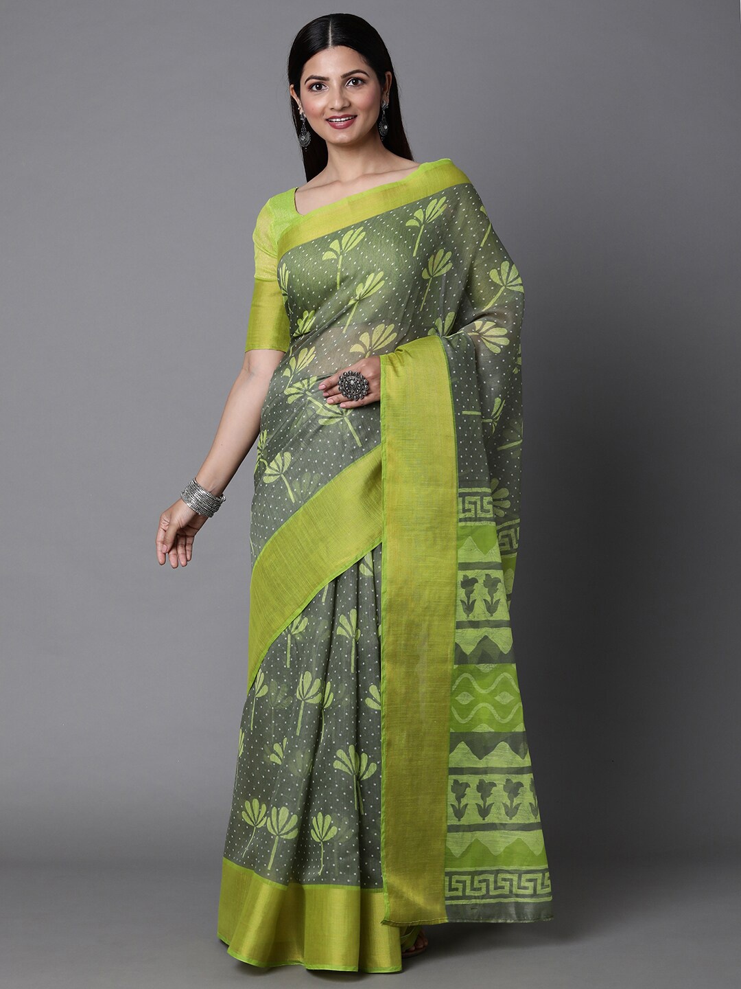 

Mitera Green & Grey Ethnic Motifs Silk Cotton Muga Saree with Matching Blouse