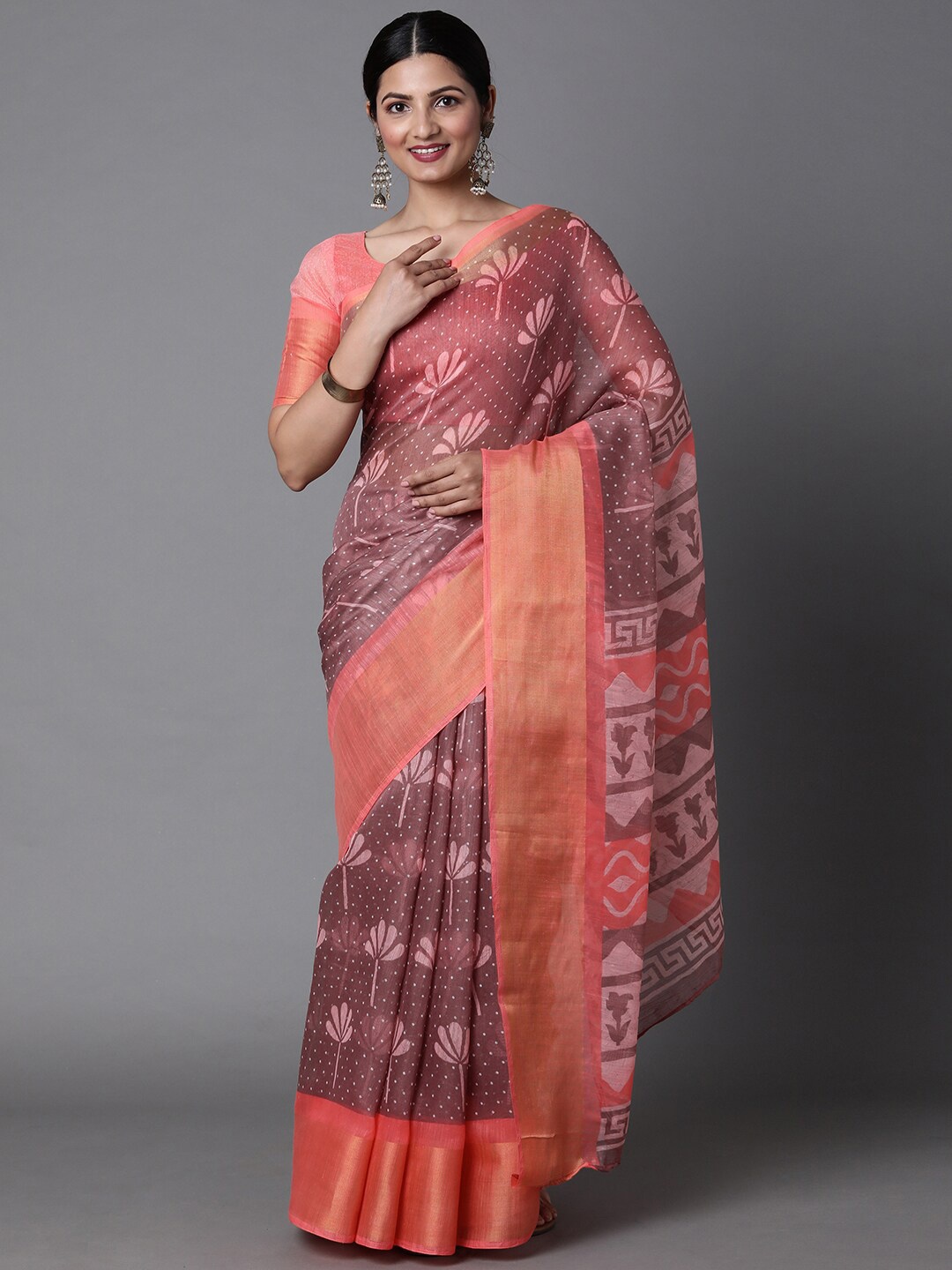 

Mitera Peach-Coloured & White Floral Zari Silk Cotton Muga Saree with Matching Blouse
