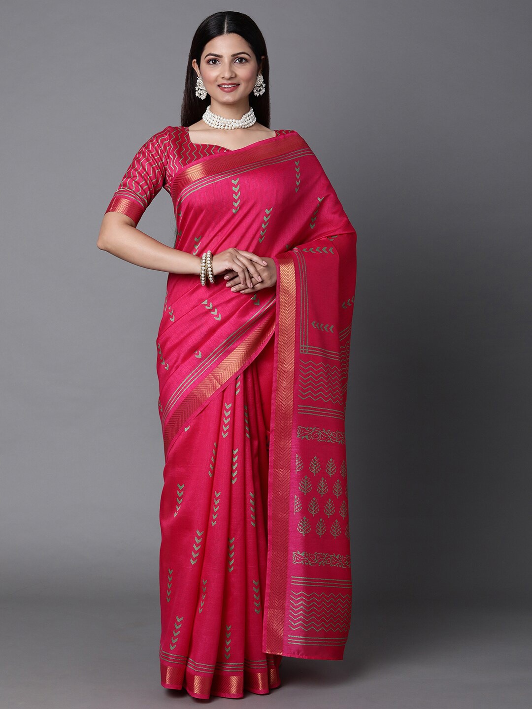 

Mitera Pink & Green Ethnic Motifs Zari Silk Blend Bagh Saree with Matching Blouse