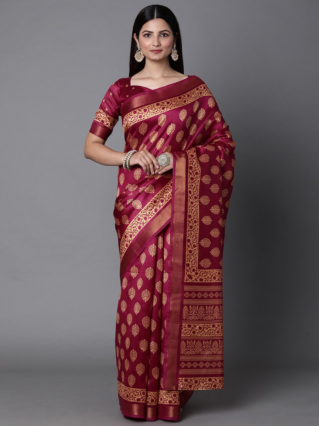 

Mitera Magenta & Gold-Toned Bagh Zari Silk Blend Bagh Saree with Matching Blouse