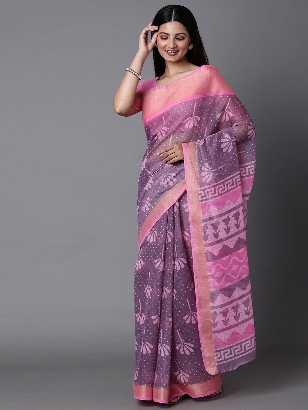 

Mitera Pink & Purple Floral Zari Silk Cotton Muga Saree with Matching Blouse