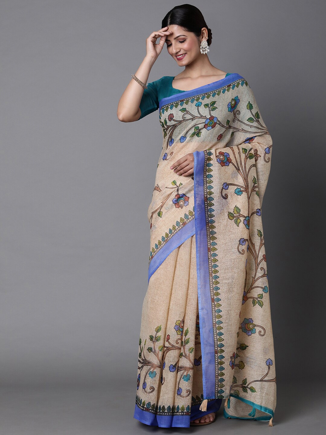 

Mitera Cream-Coloured & Blue Floral Silk Cotton Saree with Matching Blouse