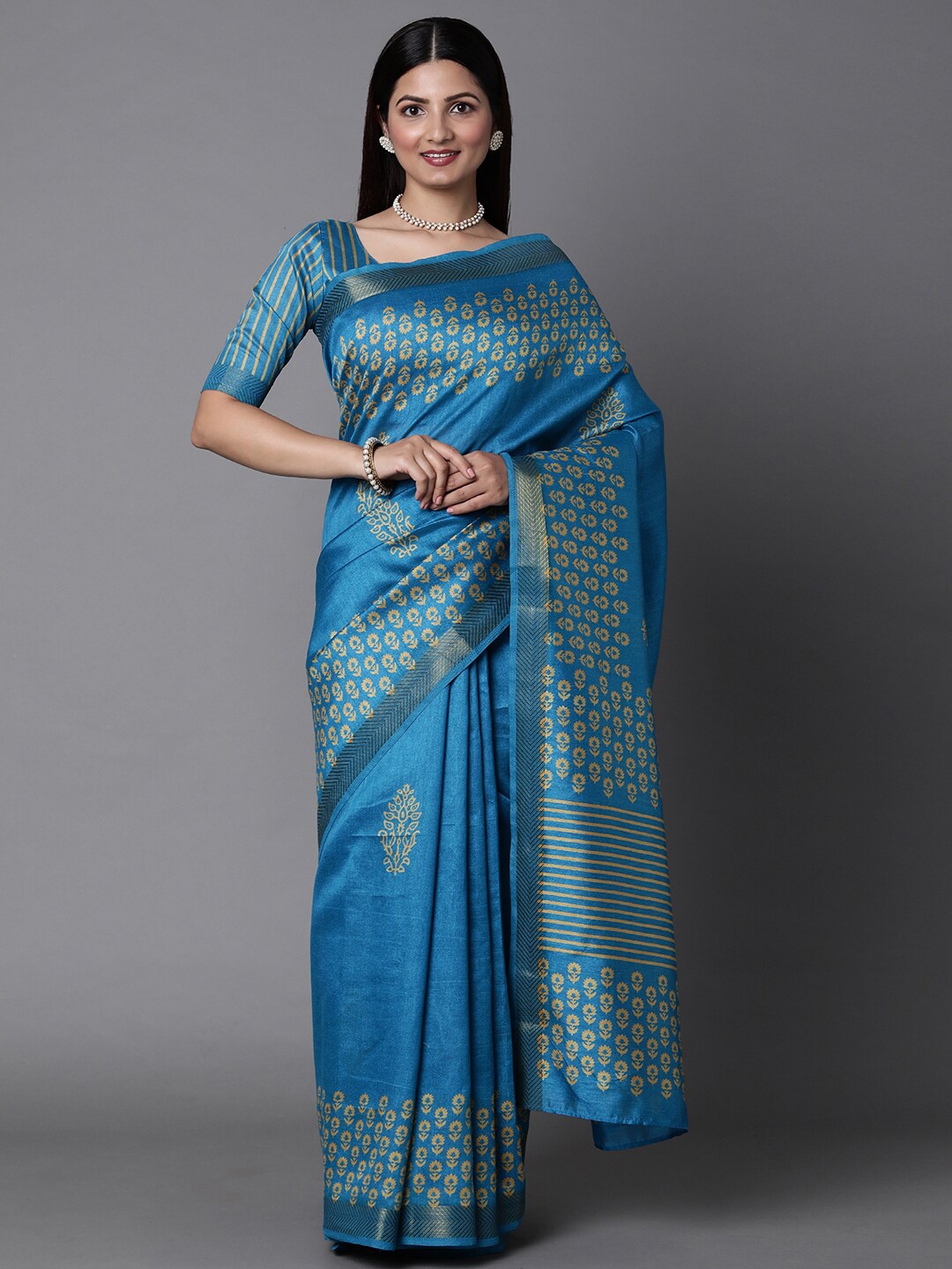 

Mitera Blue & Silver-Toned Floral Zari Silk Blend Bagh Saree with Matching Blouse