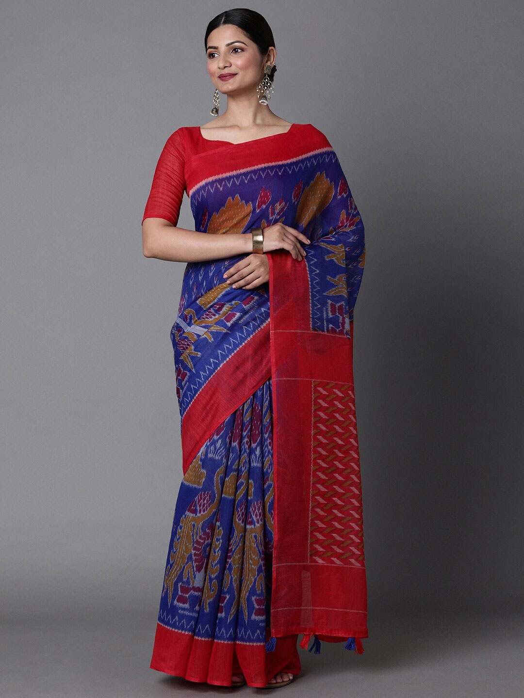 

Mitera Blue & Red Ethnic Motifs Silk Cotton Sambalpuri Saree with Matching Blouse