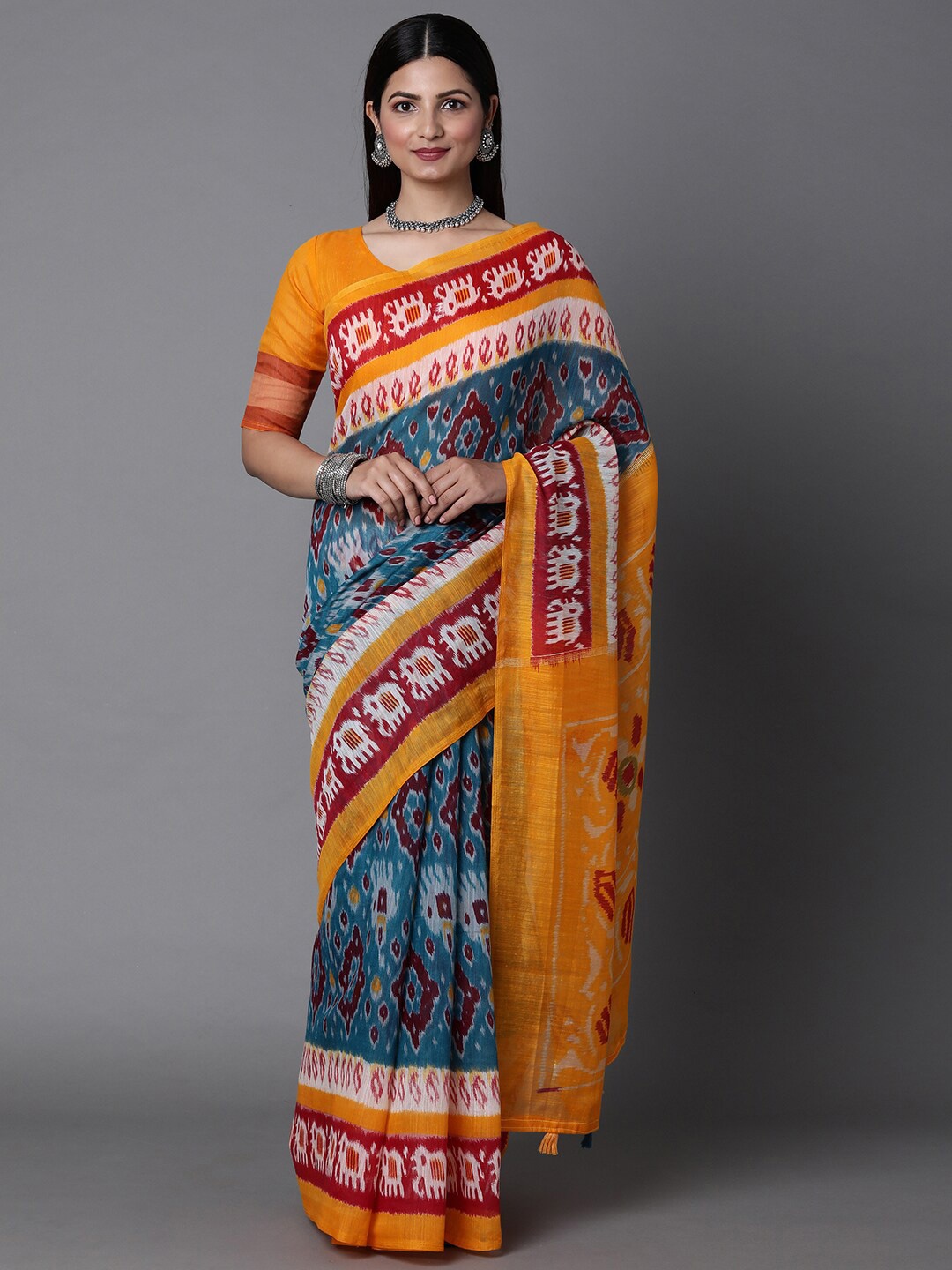 

Mitera Blue & Mustard Ethnic Motifs Silk Cotton Sambalpuri Saree with Matching Blouse