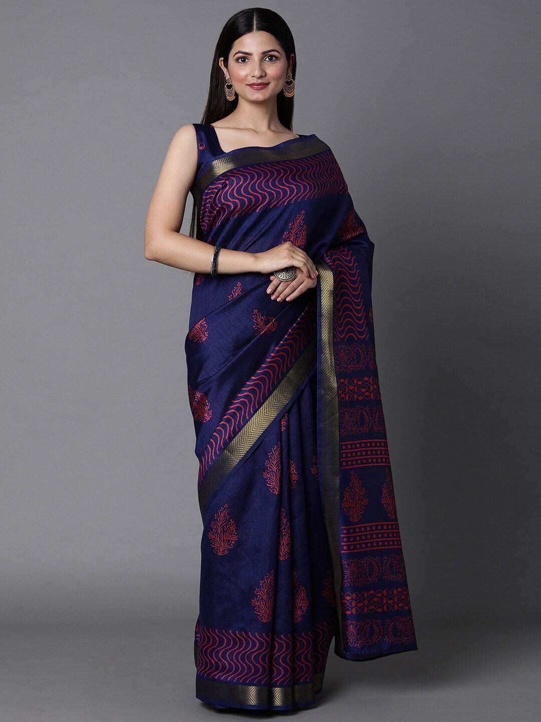 

Mitera Navy Blue & Pink Ethnic Motifs Zari Silk Blend Bagh Saree with Matching Blouse