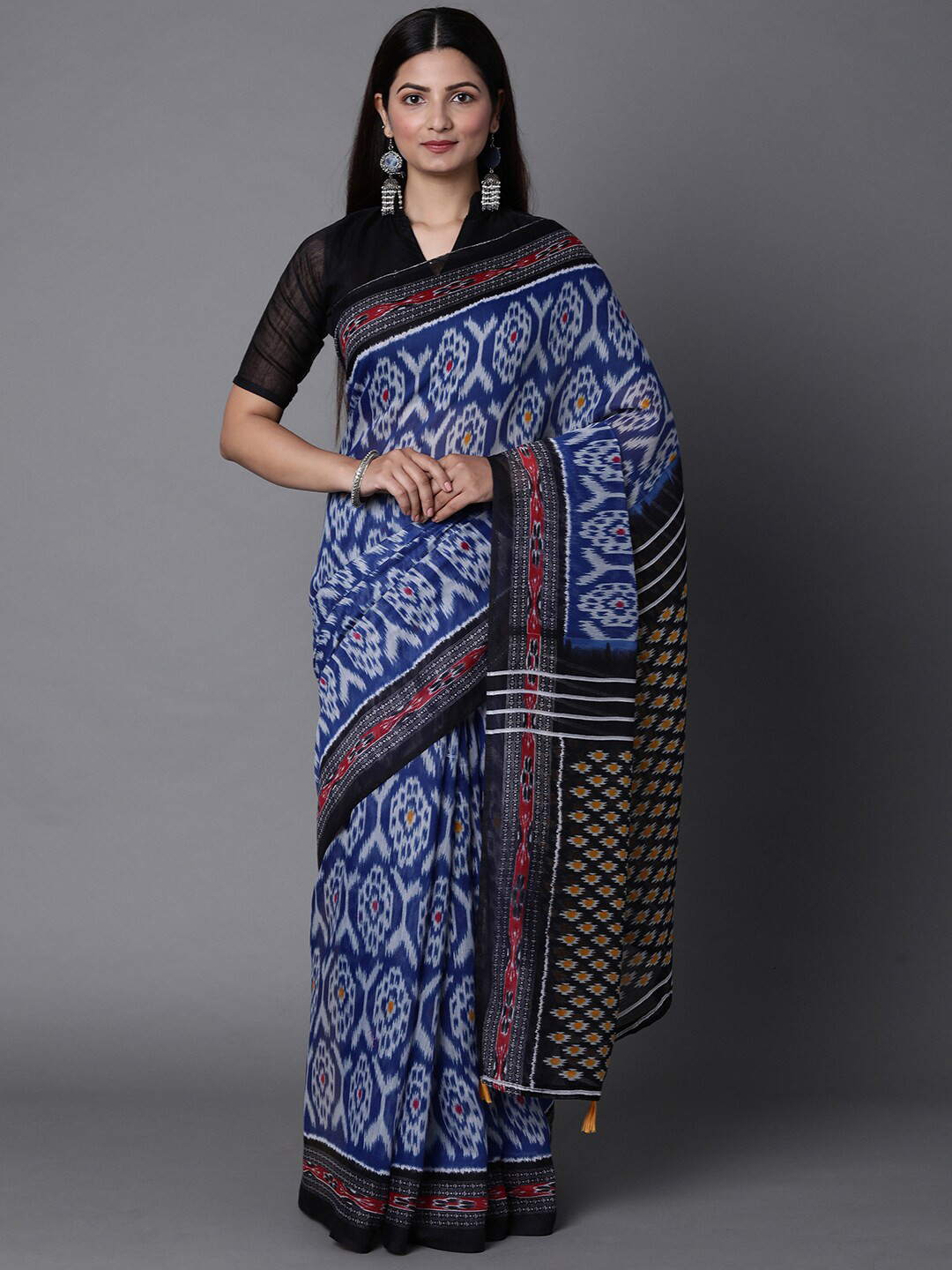 

Mitera Navy Blue & Off White Ethnic Motifs Silk Cotton Ikat Saree with Matching Blouse